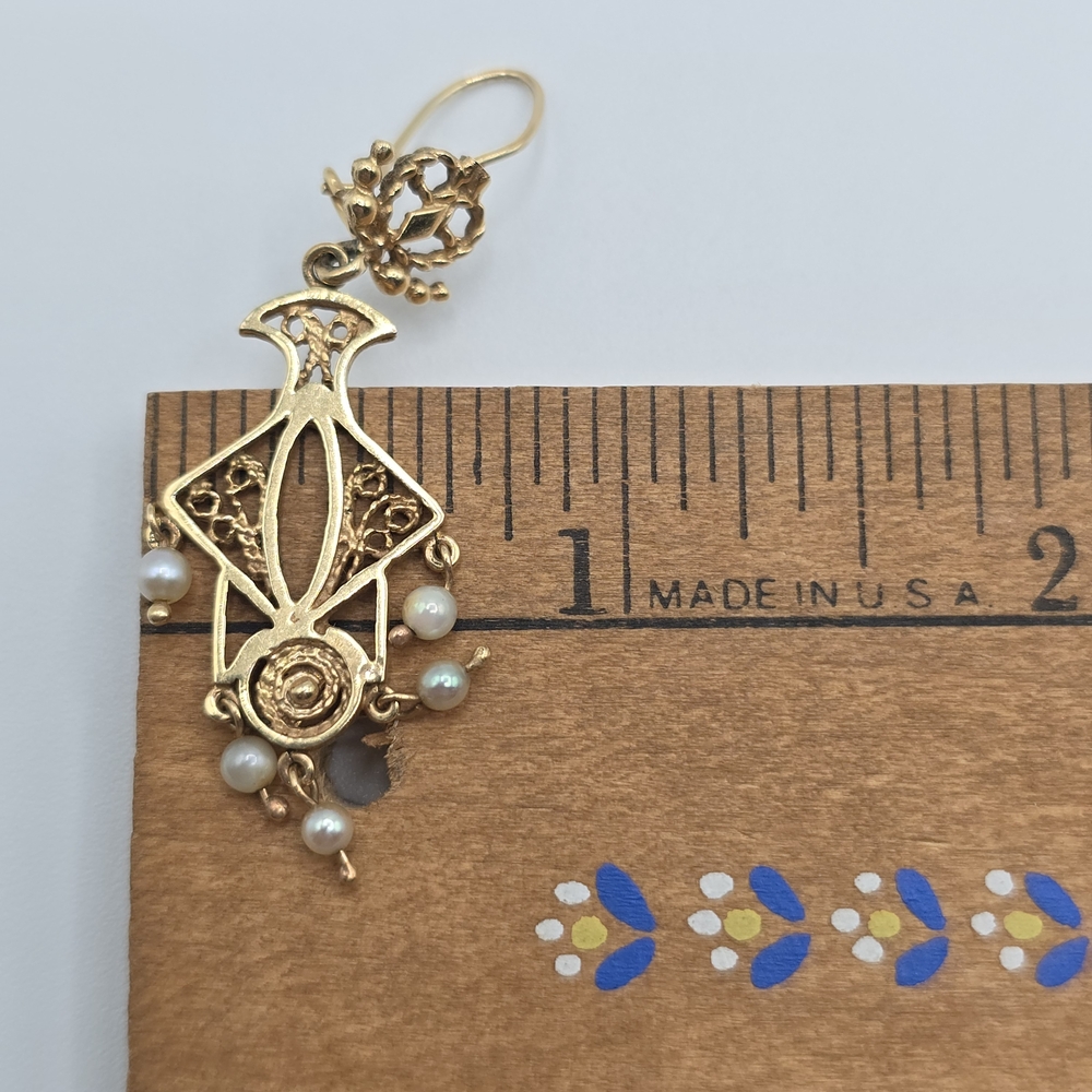 VTG 14K Yellow Gold Seed Pearl Drop Dangle Earrings LO Art Nouveau Revival MCM - Picture 13 of 14